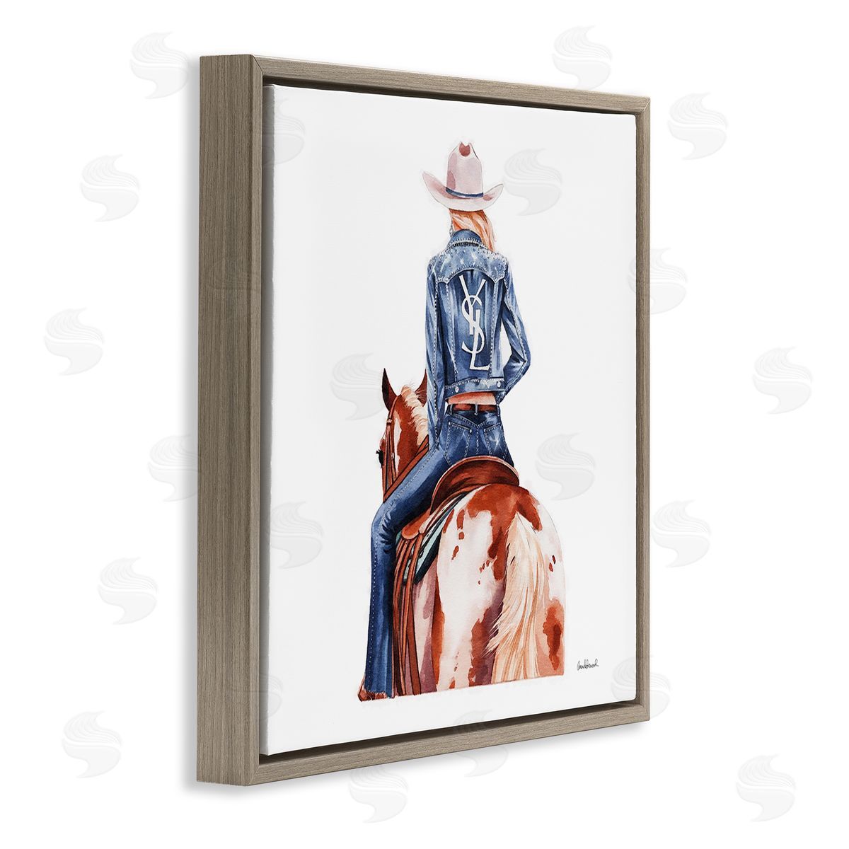 Trendy Cowgirl on Horse Brown Floating Frame Canvas Wall Art, Home Decor by Amanda Greenwood