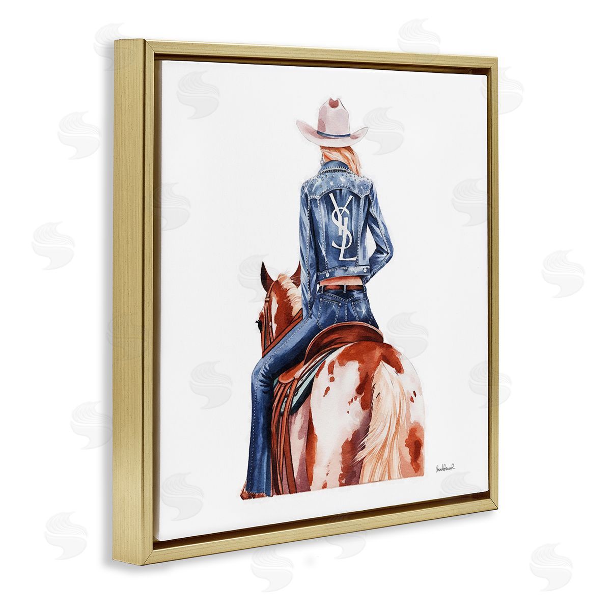 Trendy Cowgirl on Horse Gold Floating Frame Canvas Wall Art, Home Decor by Amanda Greenwood
