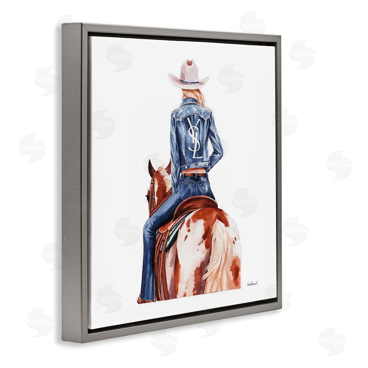 Trendy Cowgirl on Horse Grey Floating Frame Canvas Wall Art, Home Decor by Amanda Greenwood