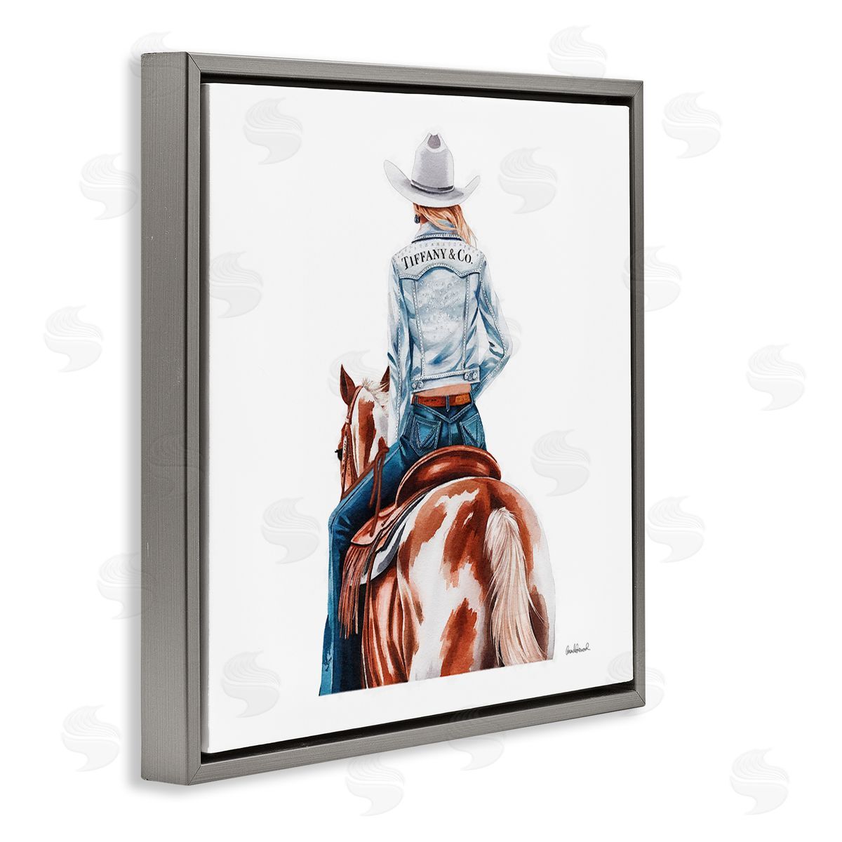 Mod Cowgirl on Horse Grey Floating Frame Canvas Wall Art, Home Decor by Amanda Greenwood