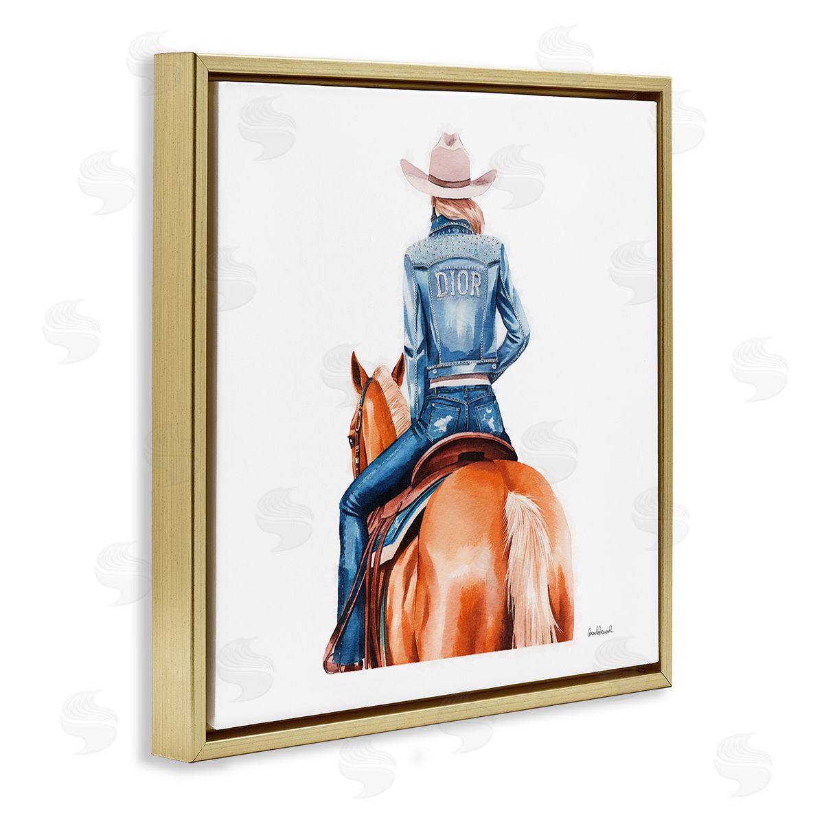 Glitzy Cowgirl & Horse Gold Floating Frame Canvas Wall Art, Home Decor by Amanda Greenwood