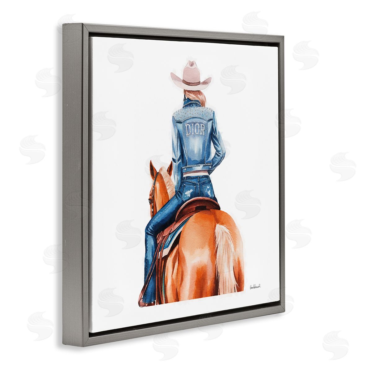 Glitzy Cowgirl & Horse Grey Floating Frame Canvas Wall Art, Home Decor by Amanda Greenwood