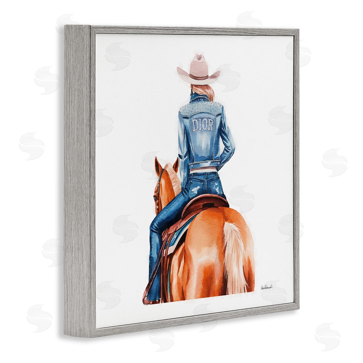 Glitzy Cowgirl & Horse Grey Frame Print Wall Art, Home Decor by Amanda Greenwood