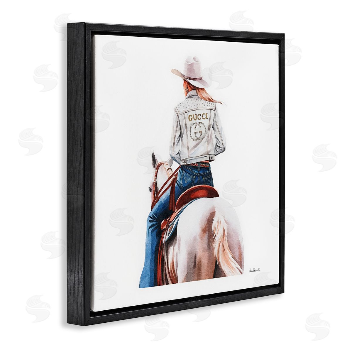 Glitzy Cowgirl White Horse Black Floating Frame Canvas Wall Art, Home Decor by Amanda Greenwood