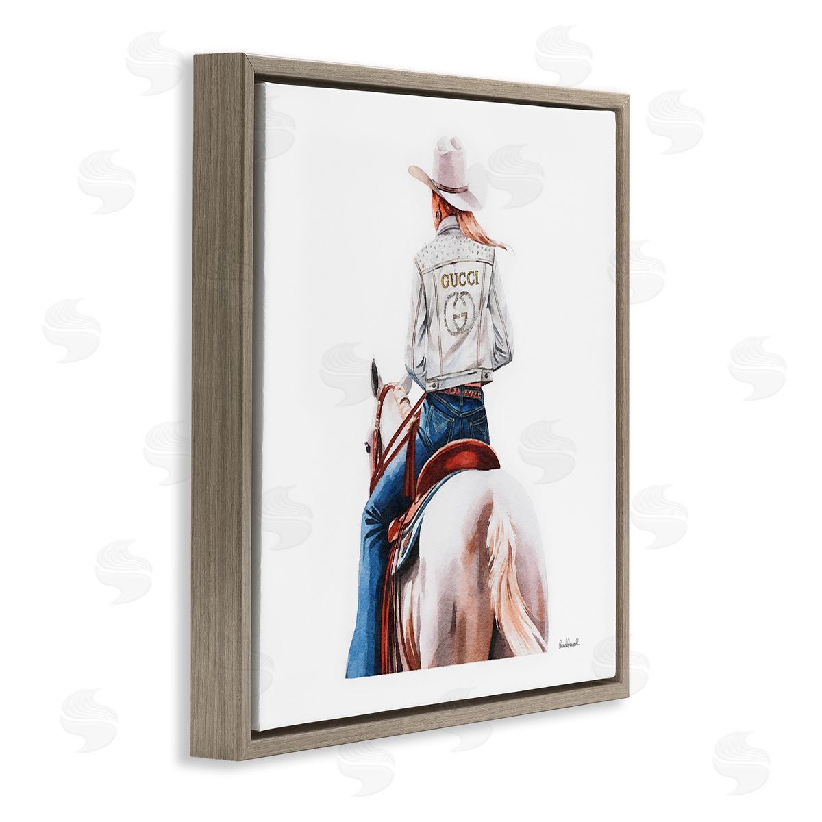 Glitzy Cowgirl White Horse Brown Floating Frame Canvas Wall Art, Home Decor by Amanda Greenwood