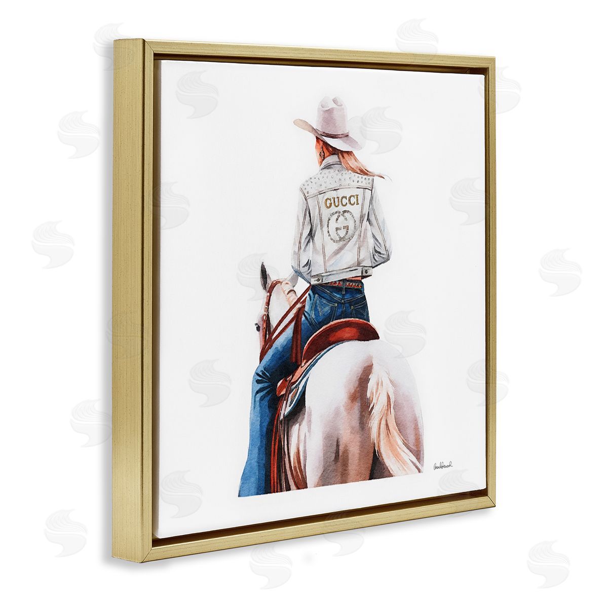 Glitzy Cowgirl White Horse Gold Floating Frame Canvas Wall Art, Home Decor by Amanda Greenwood
