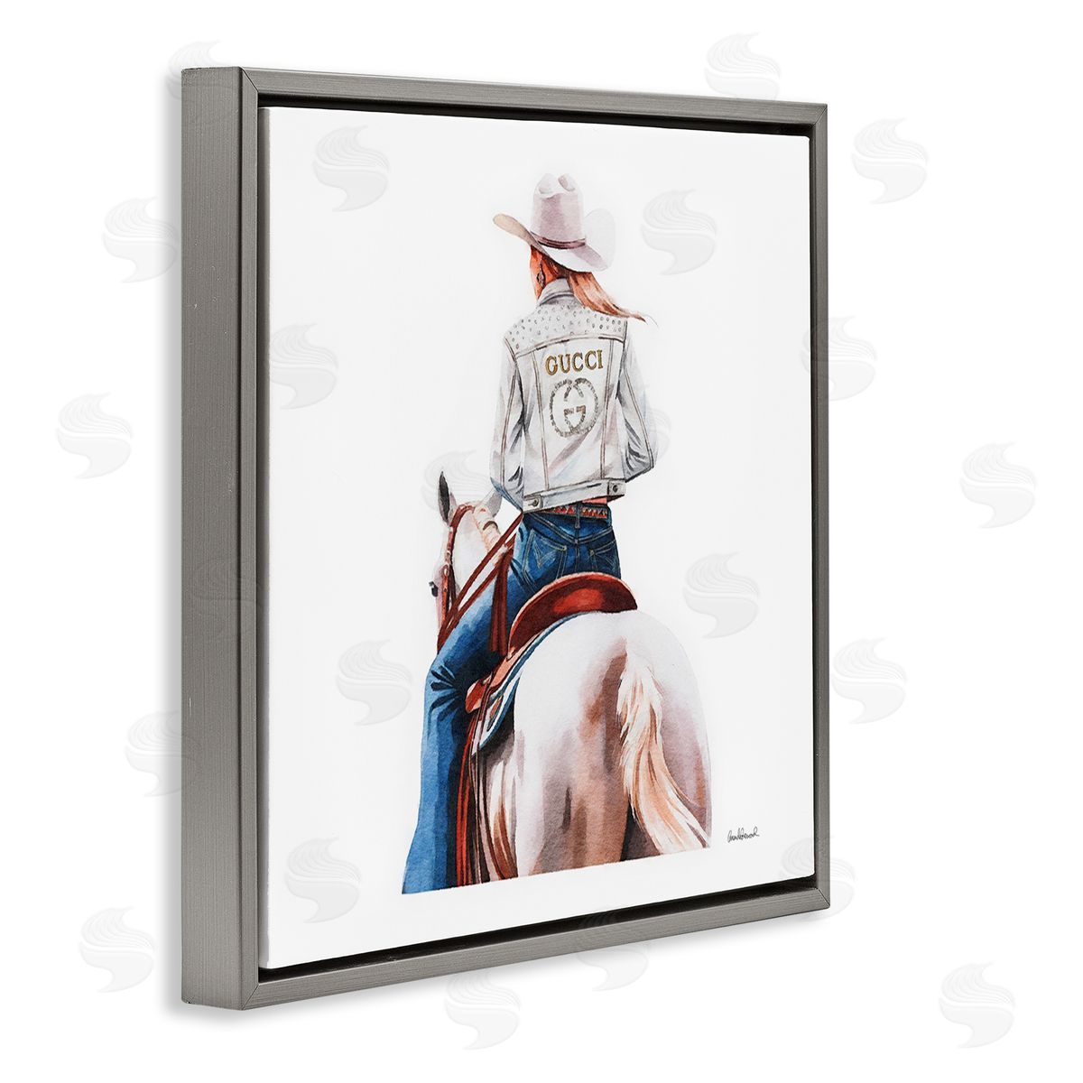 Glitzy Cowgirl White Horse Grey Floating Frame Canvas Wall Art, Home Decor by Amanda Greenwood