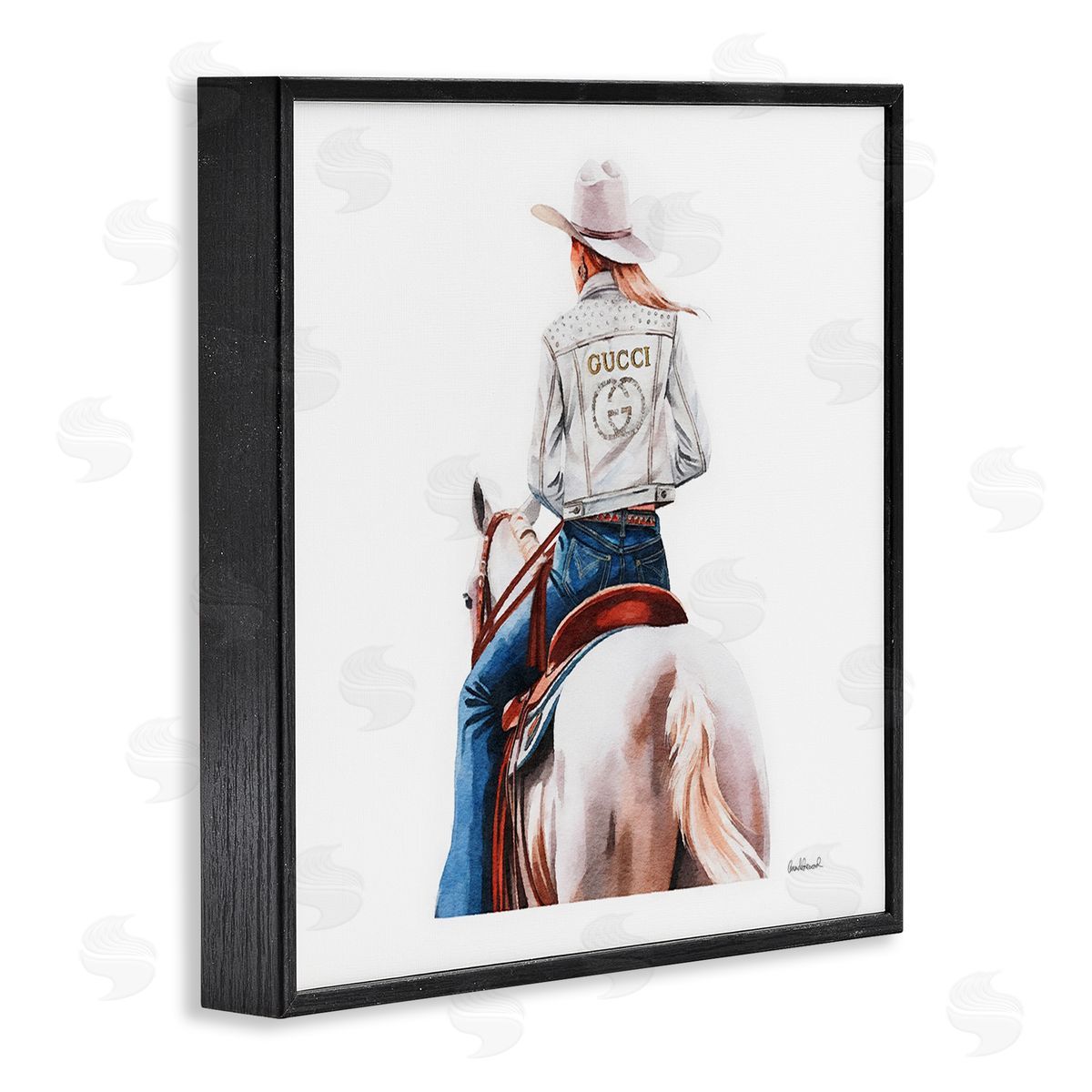Glitzy Cowgirl White Horse Black Frame Print Wall Art, Home Decor by Amanda Greenwood
