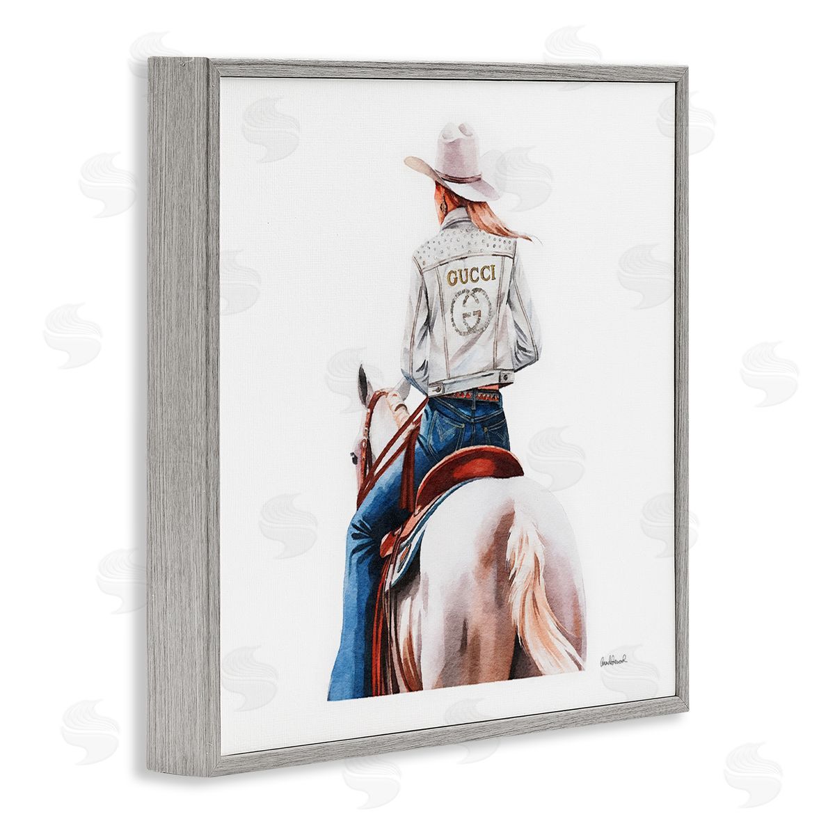 Glitzy Cowgirl White Horse Grey Frame Print Wall Art, Home Decor by Amanda Greenwood