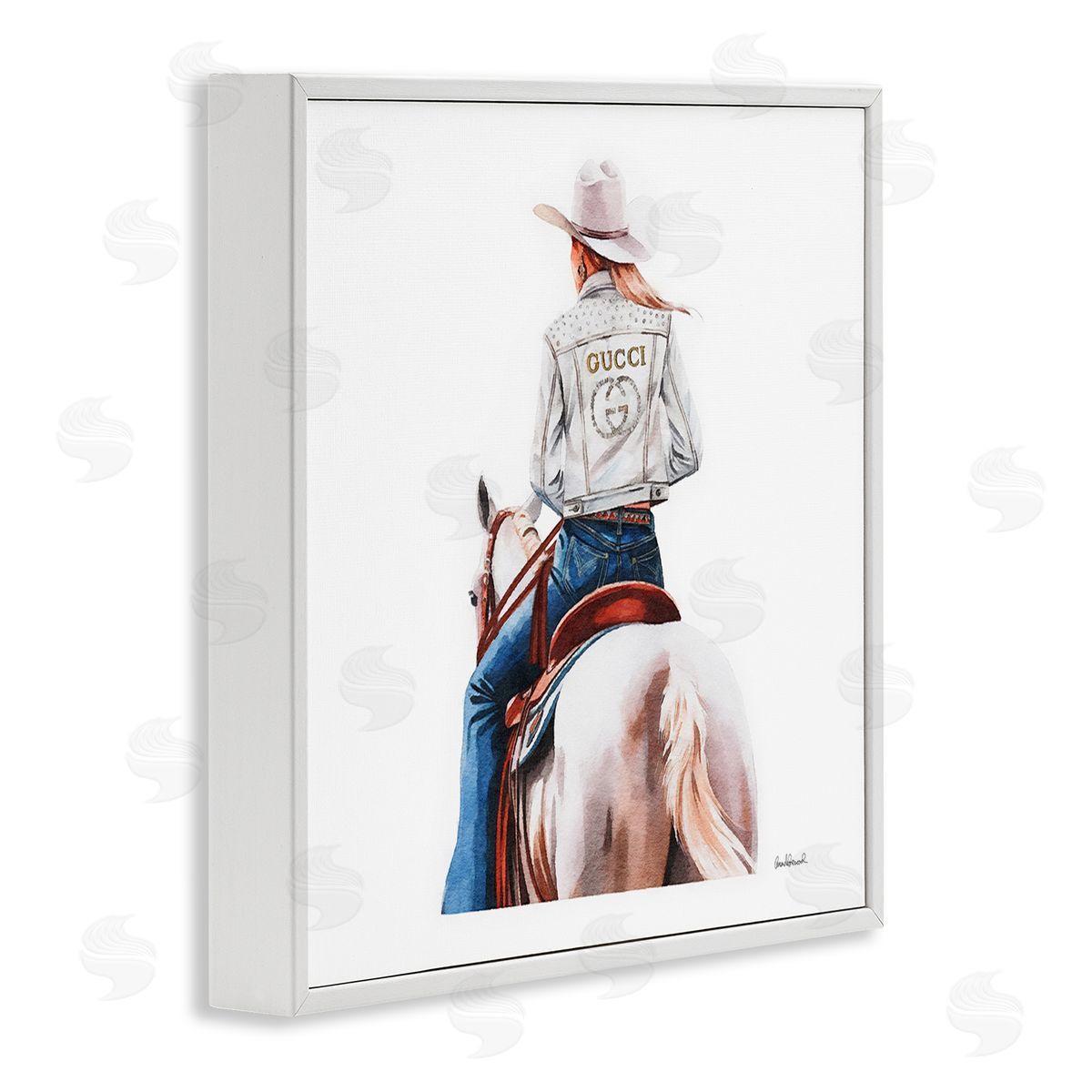 Glitzy Cowgirl White Horse White Frame Print Wall Art, Home Decor by Amanda Greenwood