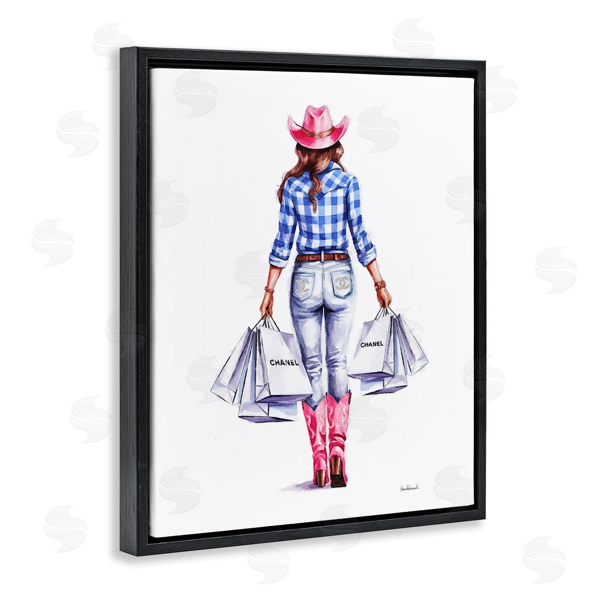 Cowgirl & Shopping Bags Black Floating Frame Canvas Wall Art, Home Decor by Amanda Greenwood