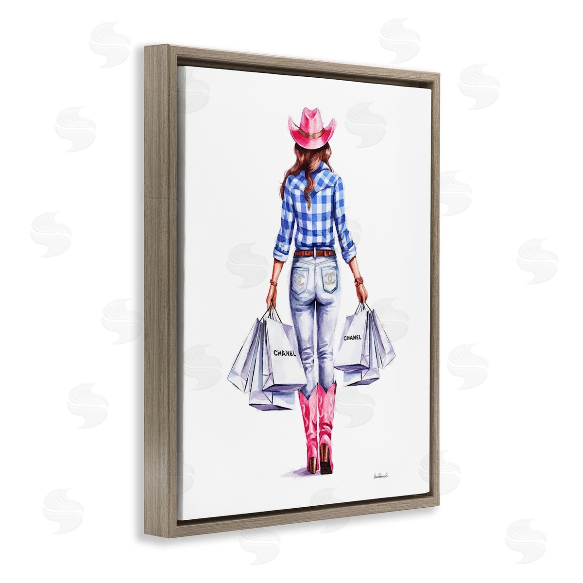 Cowgirl & Shopping Bags Brown Floating Frame Canvas Wall Art, Home Decor by Amanda Greenwood