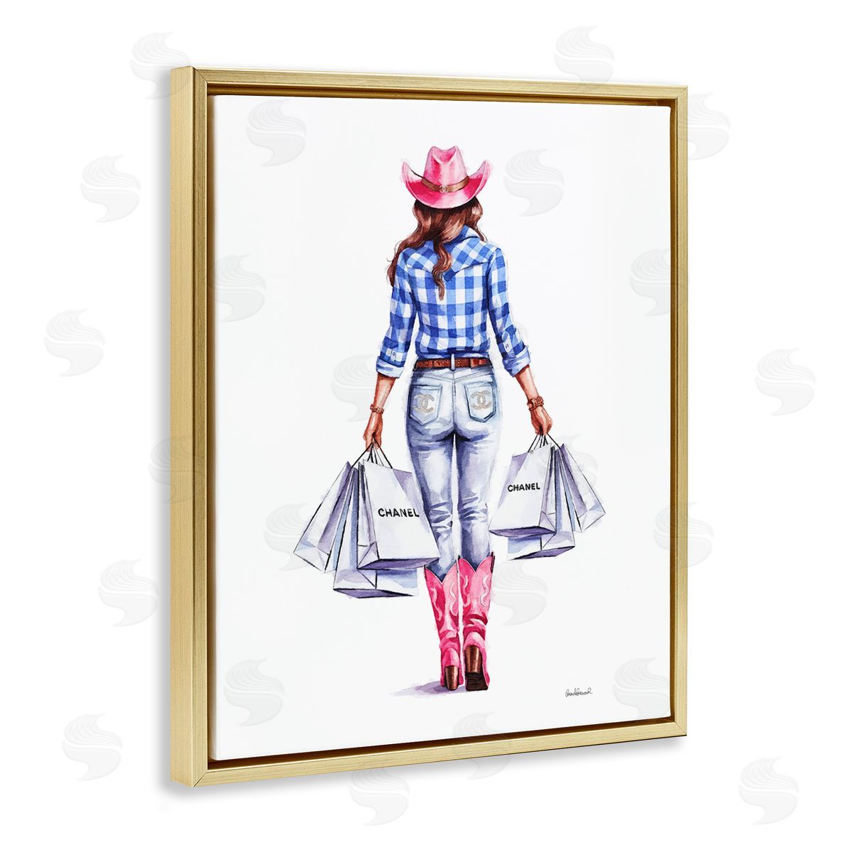 Cowgirl & Shopping Bags Gold Floating Frame Canvas Wall Art, Home Decor by Amanda Greenwood