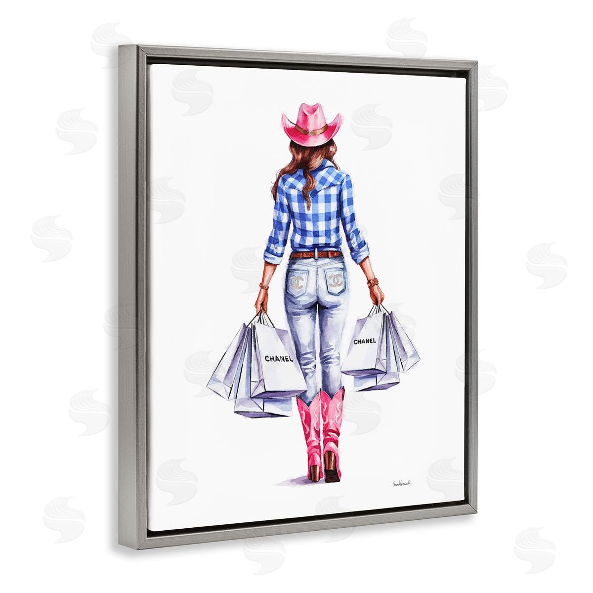 Cowgirl & Shopping Bags Grey Floating Frame Canvas Wall Art, Home Decor by Amanda Greenwood