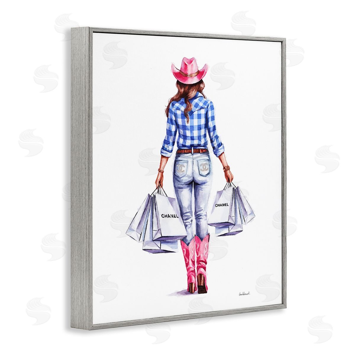 Cowgirl & Shopping Bags Grey Frame Print Wall Art, Home Decor by Amanda Greenwood