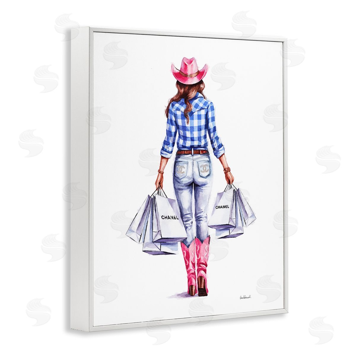 Cowgirl & Shopping Bags White Frame Print Wall Art, Home Decor by Amanda Greenwood