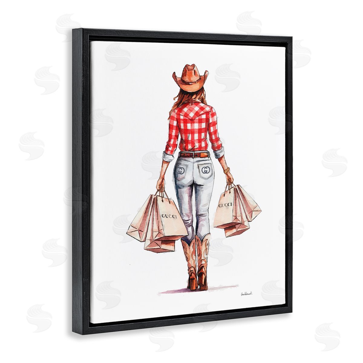 Country Cowgirl Shopping Black Floating Frame Canvas Wall Art, Home Decor by Amanda Greenwood