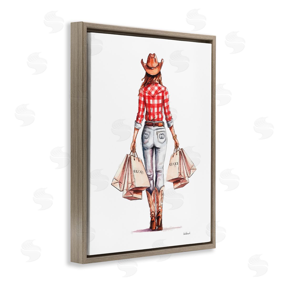 Country Cowgirl Shopping Brown Floating Frame Canvas Wall Art, Home Decor by Amanda Greenwood