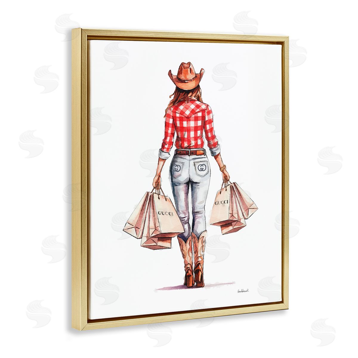 Country Cowgirl Shopping Gold Floating Frame Canvas Wall Art, Home Decor by Amanda Greenwood