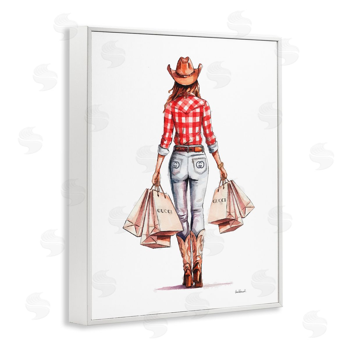 Country Cowgirl Shopping White Frame Print Wall Art, Home Decor by Amanda Greenwood