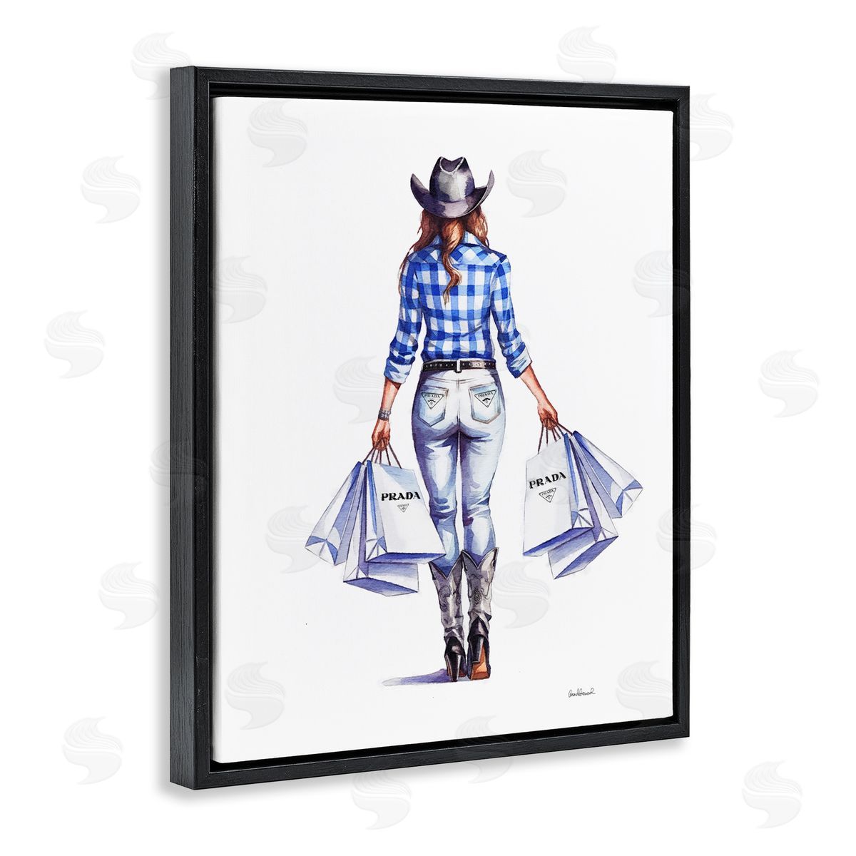 Chic Cowgirl & Shopping Bags Black Floating Frame Canvas Wall Art, Home Decor by Amanda Greenwood
