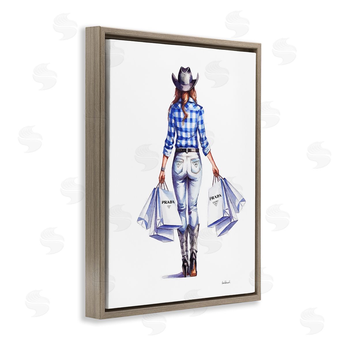 Chic Cowgirl & Shopping Bags Brown Floating Frame Canvas Wall Art, Home Decor by Amanda Greenwood