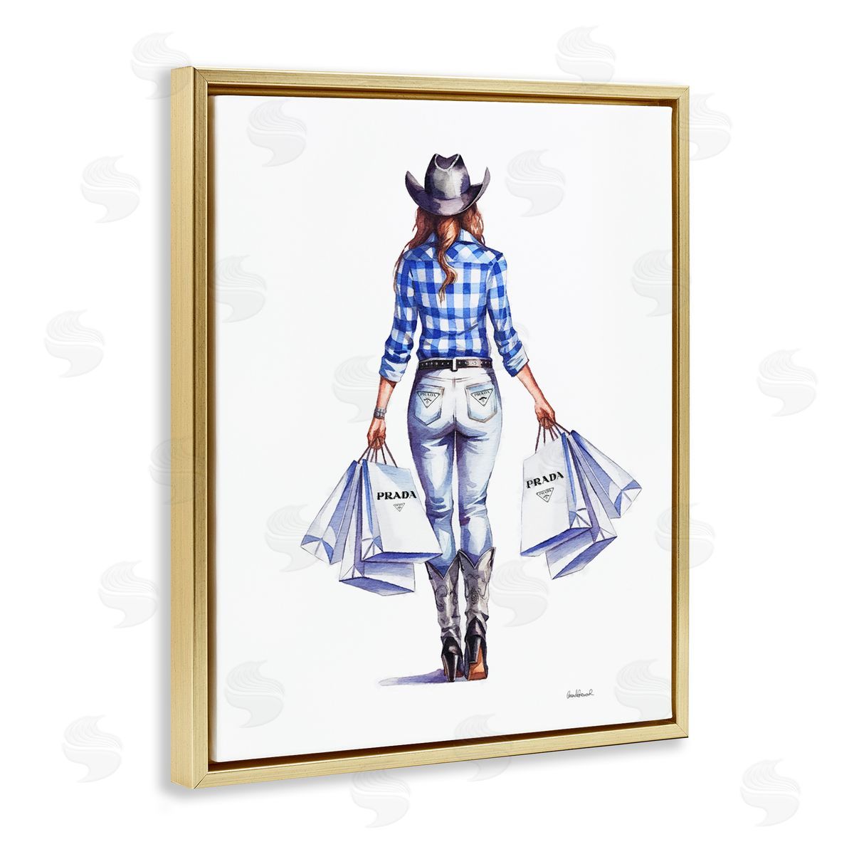 Chic Cowgirl & Shopping Bags Gold Floating Frame Canvas Wall Art, Home Decor by Amanda Greenwood