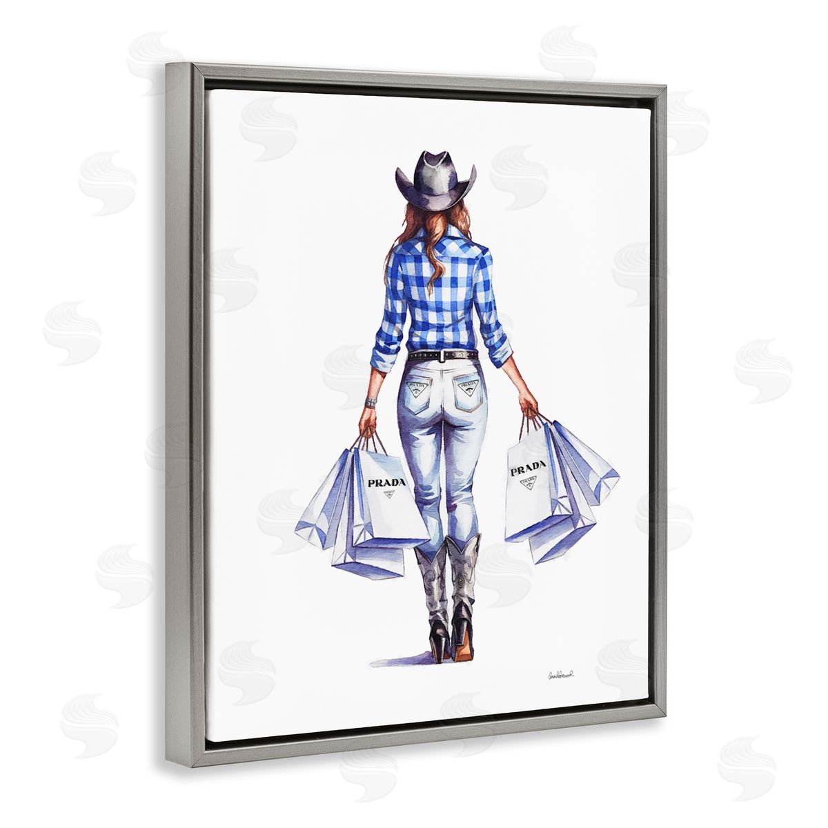 Chic Cowgirl & Shopping Bags Grey Floating Frame Canvas Wall Art, Home Decor by Amanda Greenwood