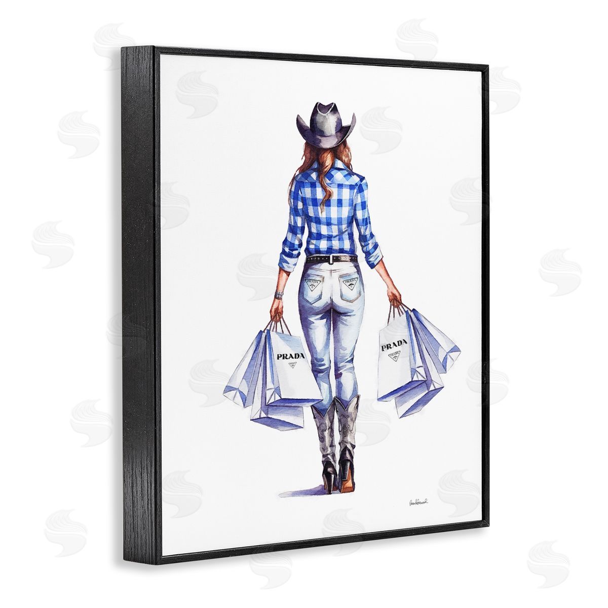 Chic Cowgirl & Shopping Bags Black Frame Print Wall Art, Home Decor by Amanda Greenwood