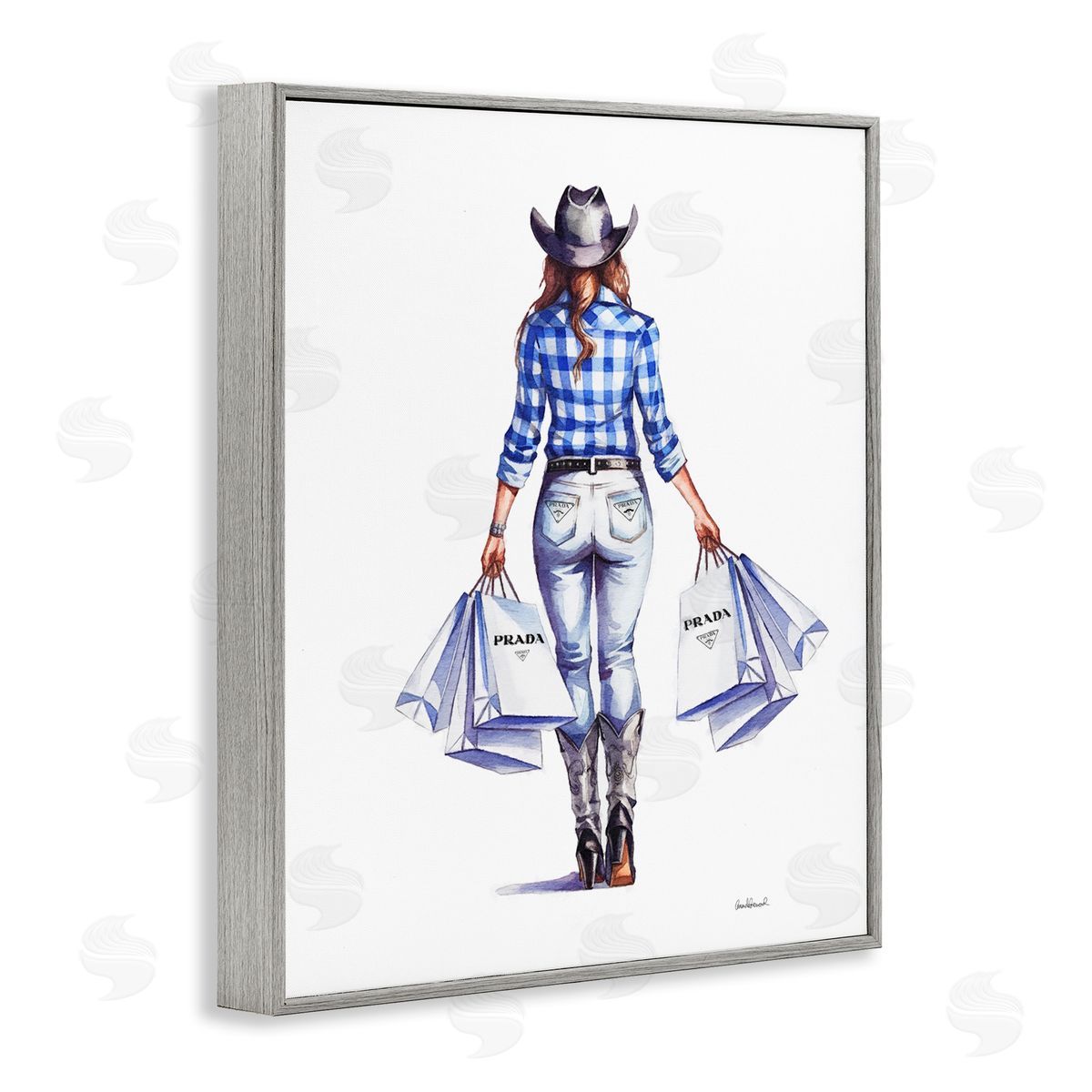 Chic Cowgirl & Shopping Bags Grey Frame Print Wall Art, Home Decor by Amanda Greenwood