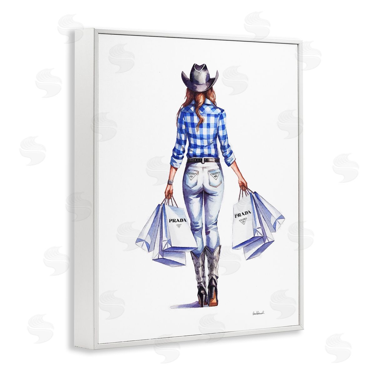 Chic Cowgirl & Shopping Bags White Frame Print Wall Art, Home Decor by Amanda Greenwood