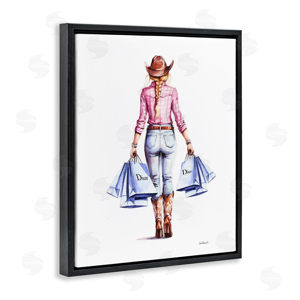 Glam Cowgirl Pink Plaid Black Floating Frame Canvas Wall Art, Home Decor by Amanda Greenwood