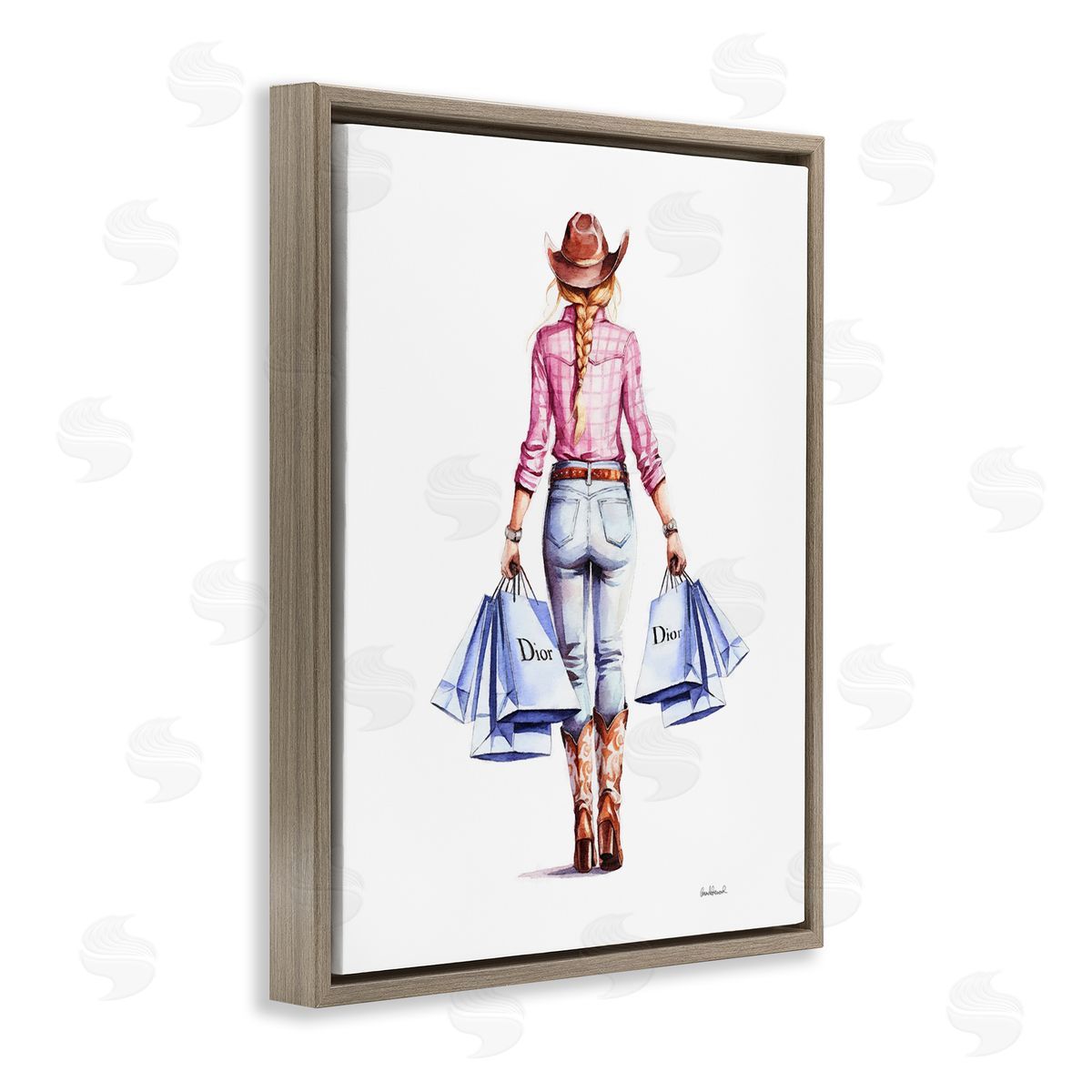 Glam Cowgirl Pink Plaid Brown Floating Frame Canvas Wall Art, Home Decor by Amanda Greenwood