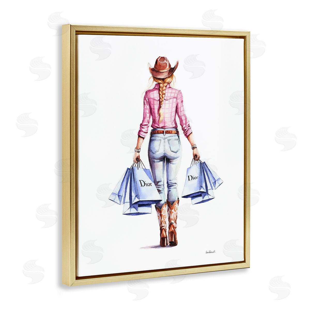 Glam Cowgirl Pink Plaid Gold Floating Frame Canvas Wall Art, Home Decor by Amanda Greenwood