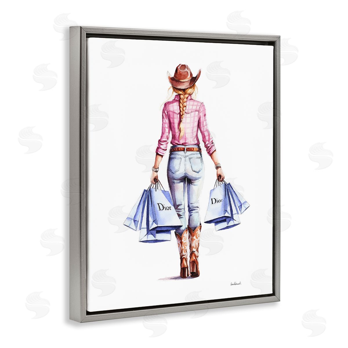 Glam Cowgirl Pink Plaid Grey Floating Frame Canvas Wall Art, Home Decor by Amanda Greenwood