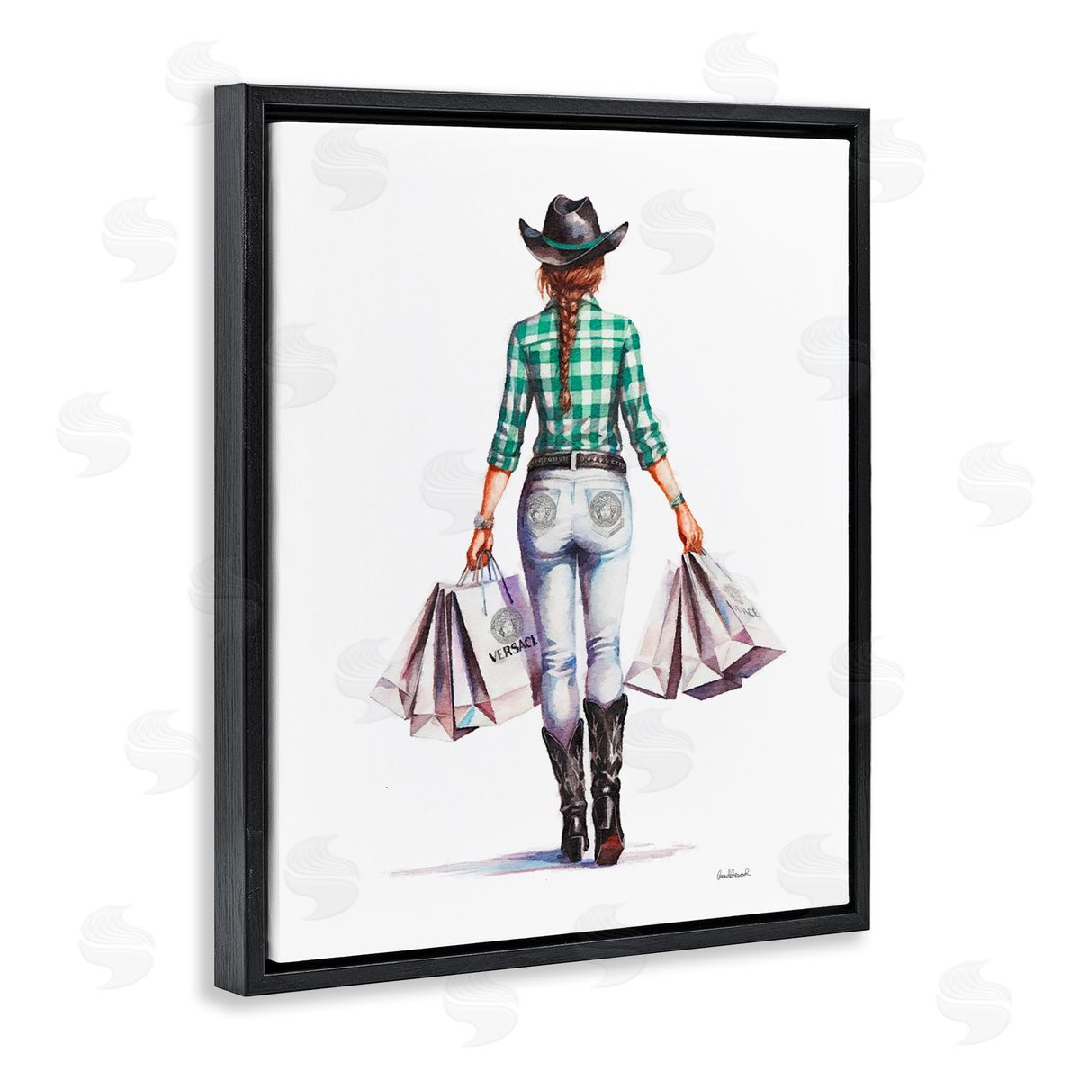 Country Cowgirl Shopper Black Floating Frame Canvas Wall Art, Home Decor by Amanda Greenwood