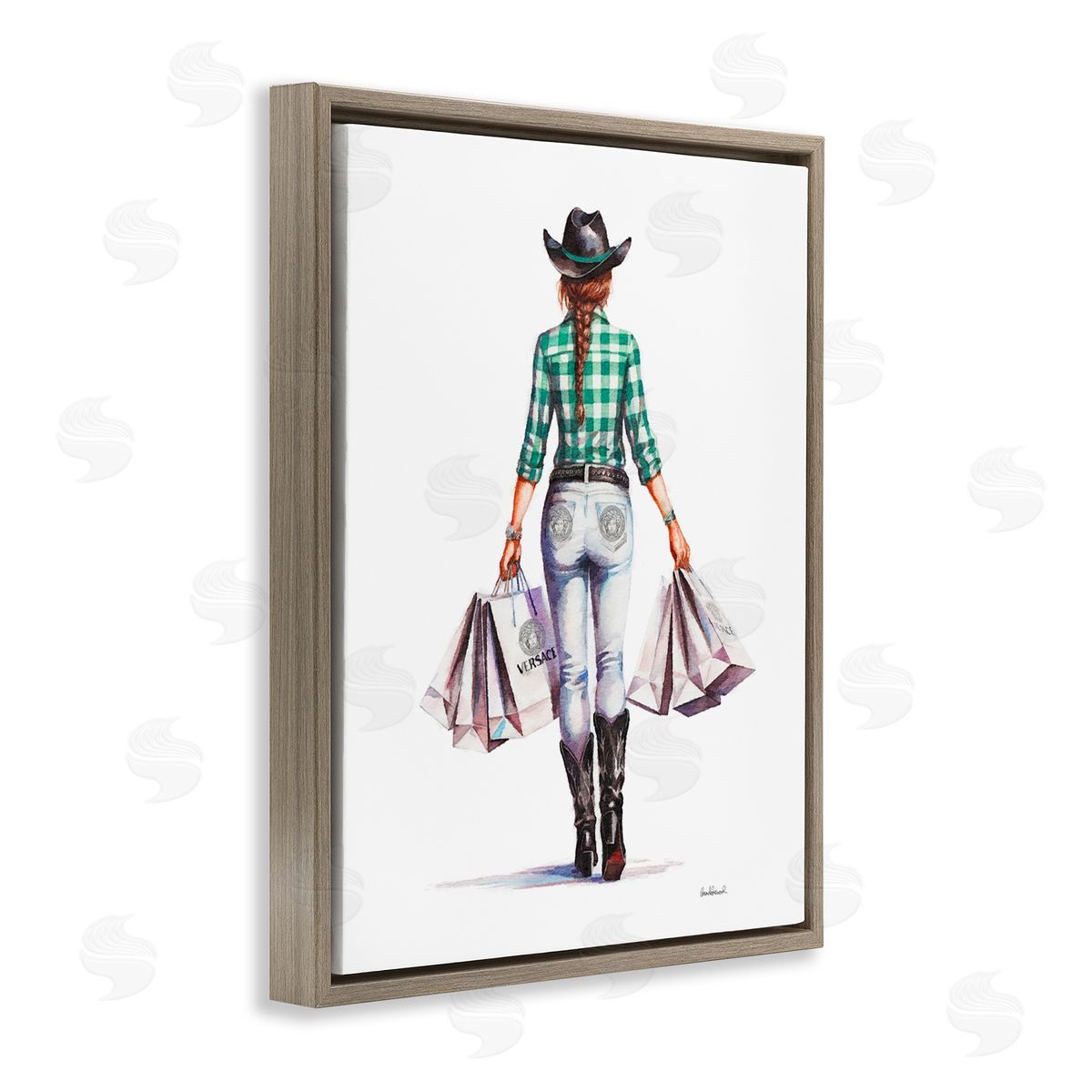 Country Cowgirl Shopper Brown Floating Frame Canvas Wall Art, Home Decor by Amanda Greenwood