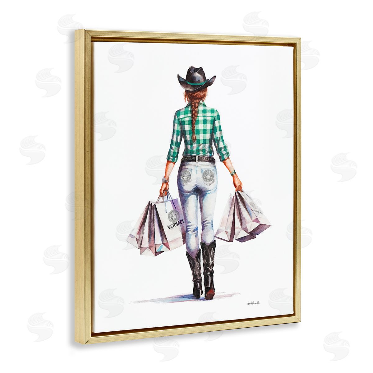 Country Cowgirl Shopper Gold Floating Frame Canvas Wall Art, Home Decor by Amanda Greenwood