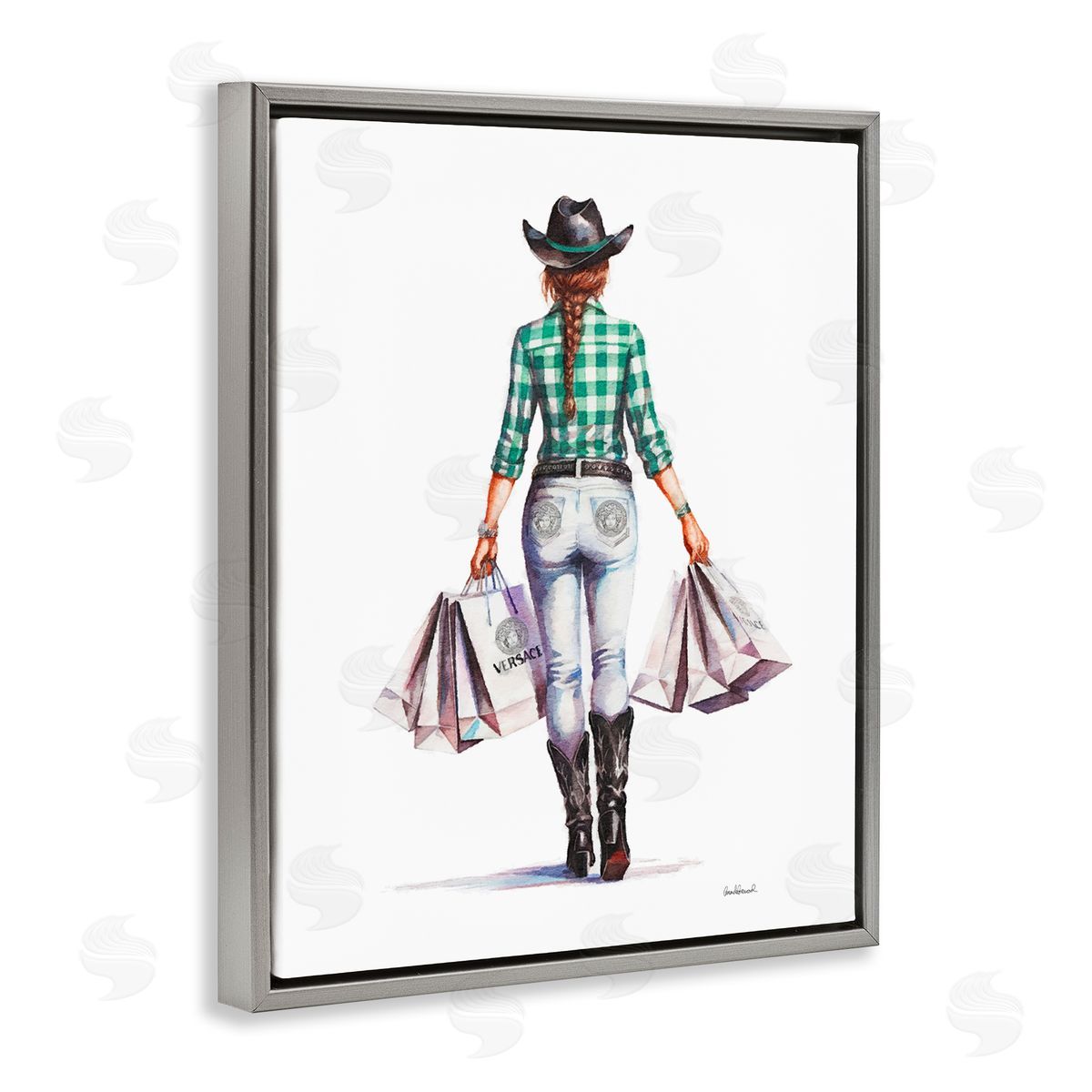 Country Cowgirl Shopper Grey Floating Frame Canvas Wall Art, Home Decor by Amanda Greenwood