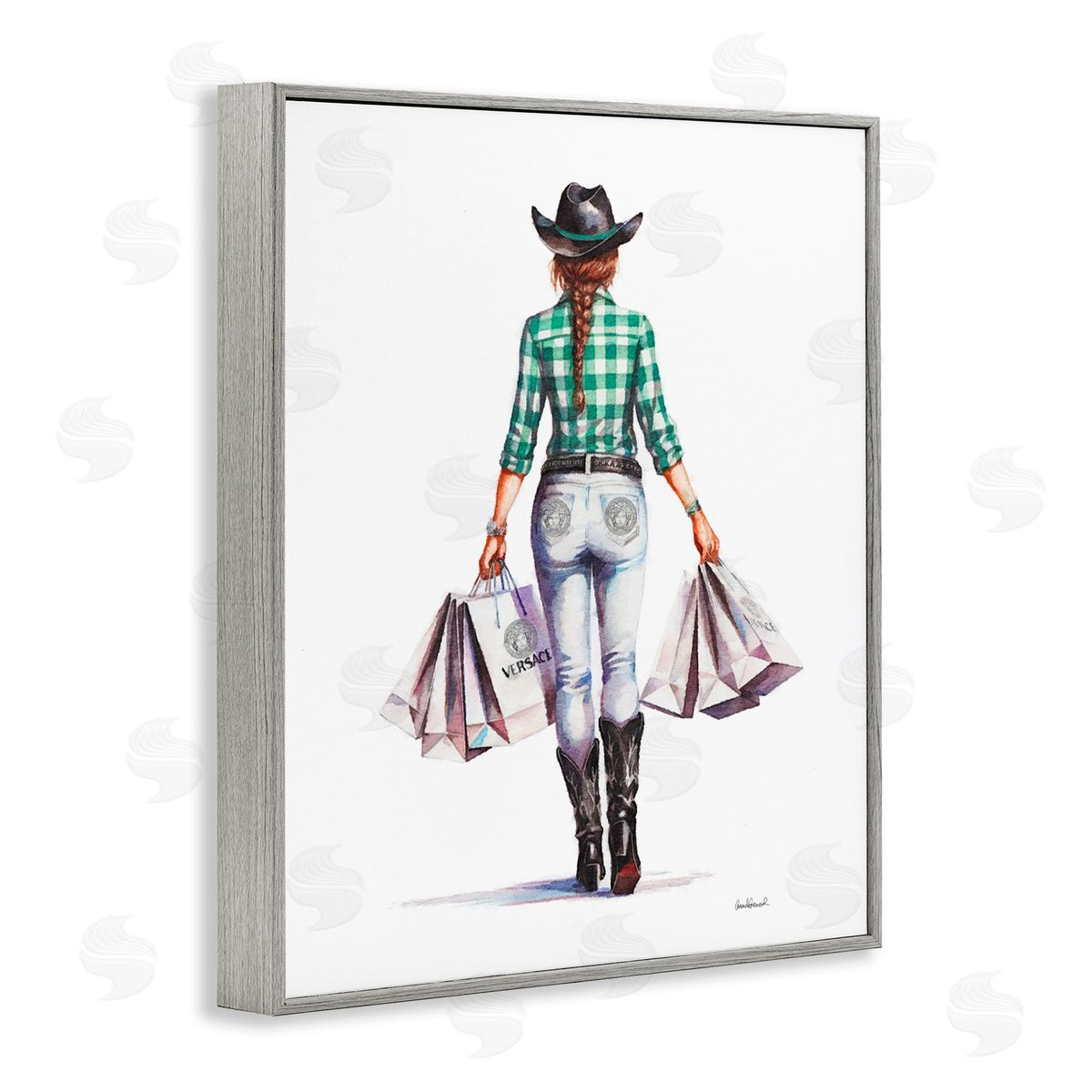 Country Cowgirl Shopper Grey Frame Print Wall Art, Home Decor by Amanda Greenwood
