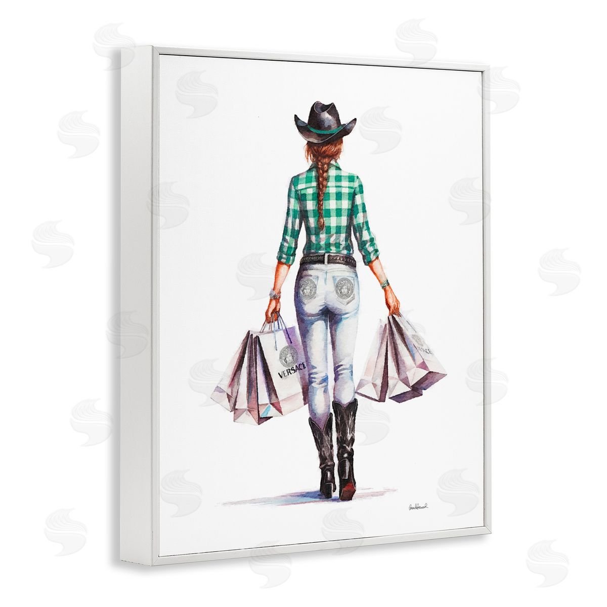 Country Cowgirl Shopper White Frame Print Wall Art, Home Decor by Amanda Greenwood