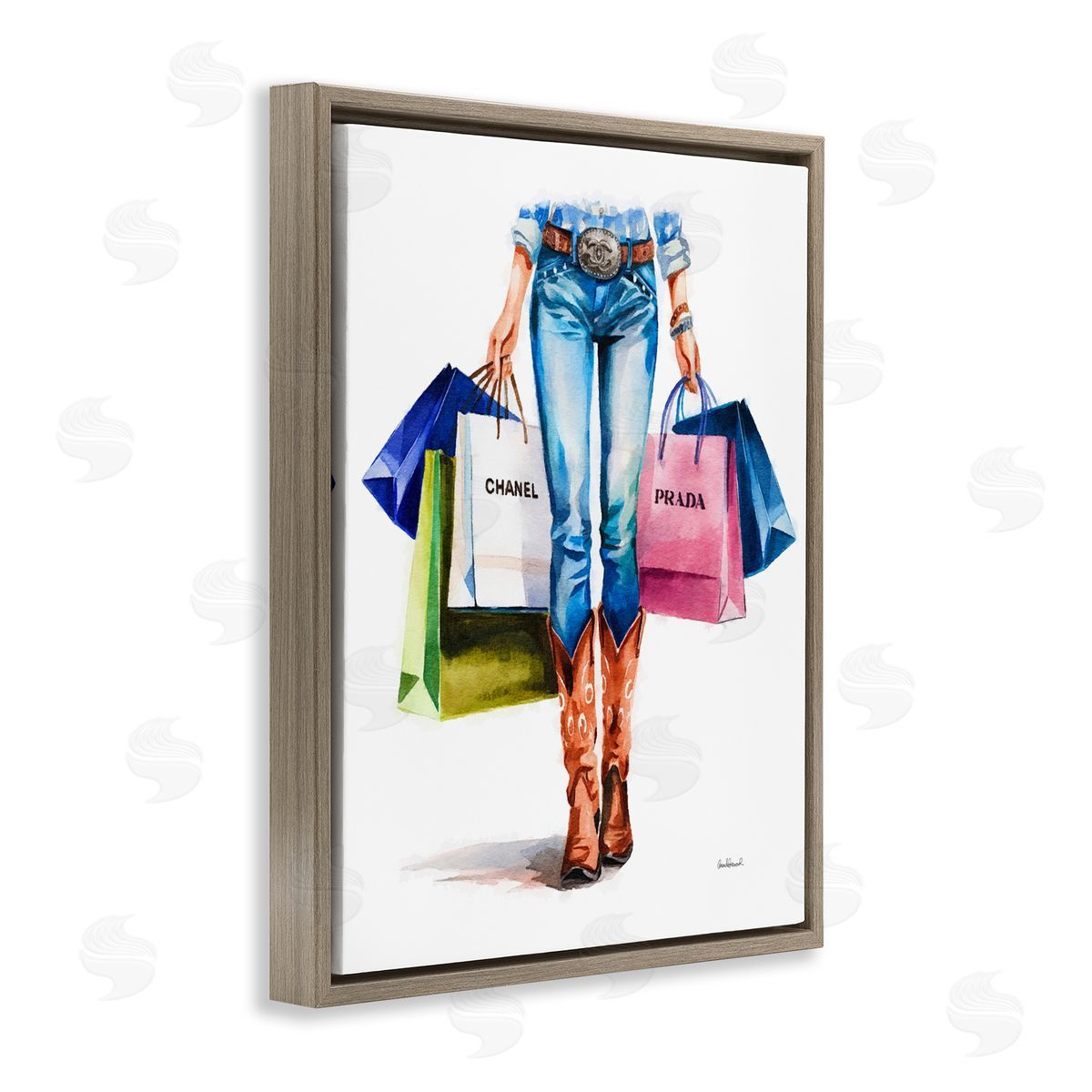 Country Girl Shopping Bags Brown Floating Frame Canvas Wall Art, Home Decor by Amanda Greenwood