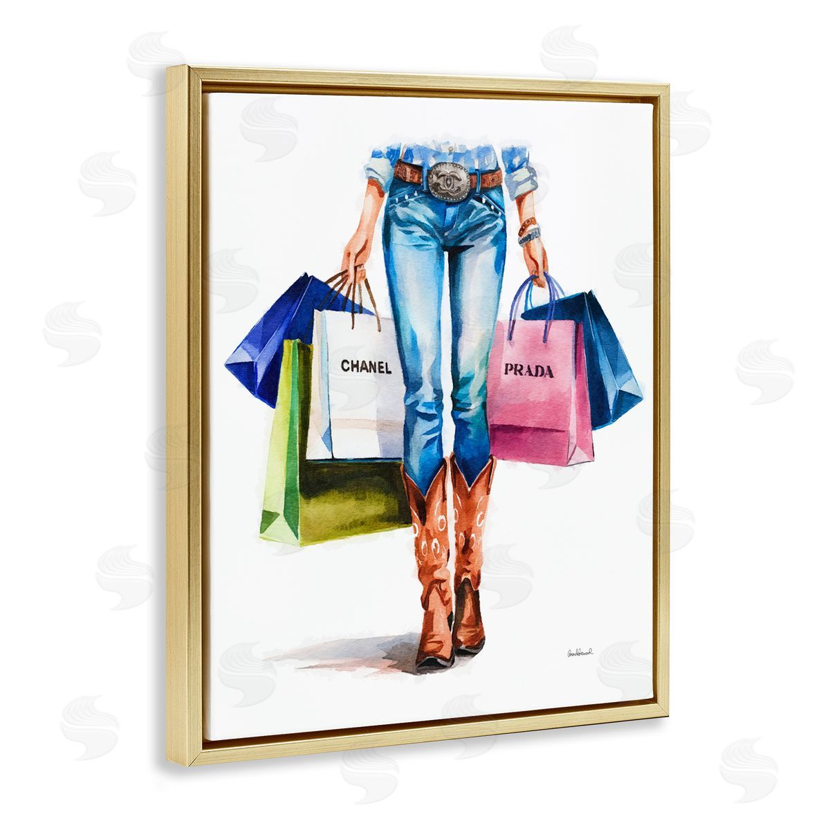 Country Girl Shopping Bags Gold Floating Frame Canvas Wall Art, Home Decor by Amanda Greenwood