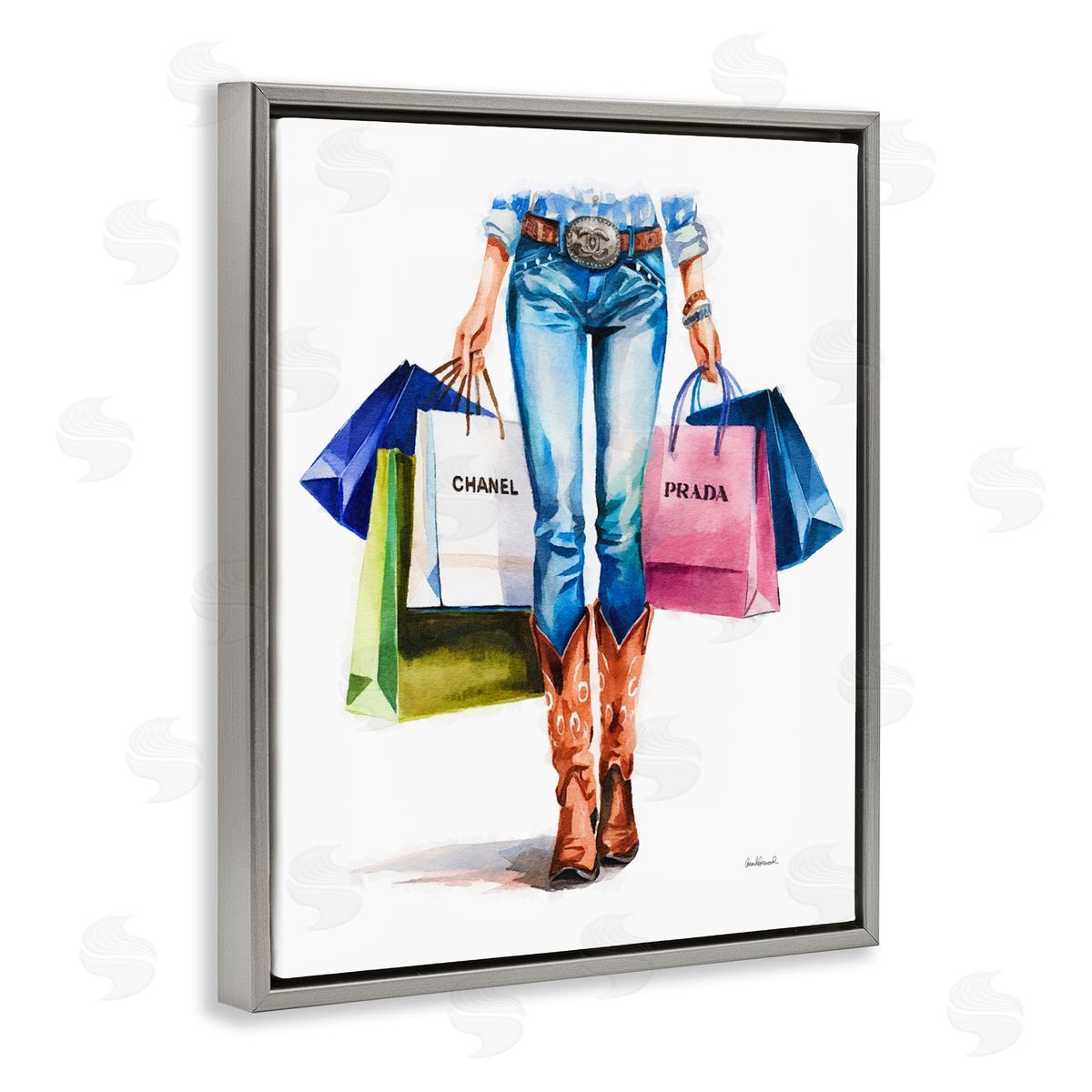 Country Girl Shopping Bags Grey Floating Frame Canvas Wall Art, Home Decor by Amanda Greenwood