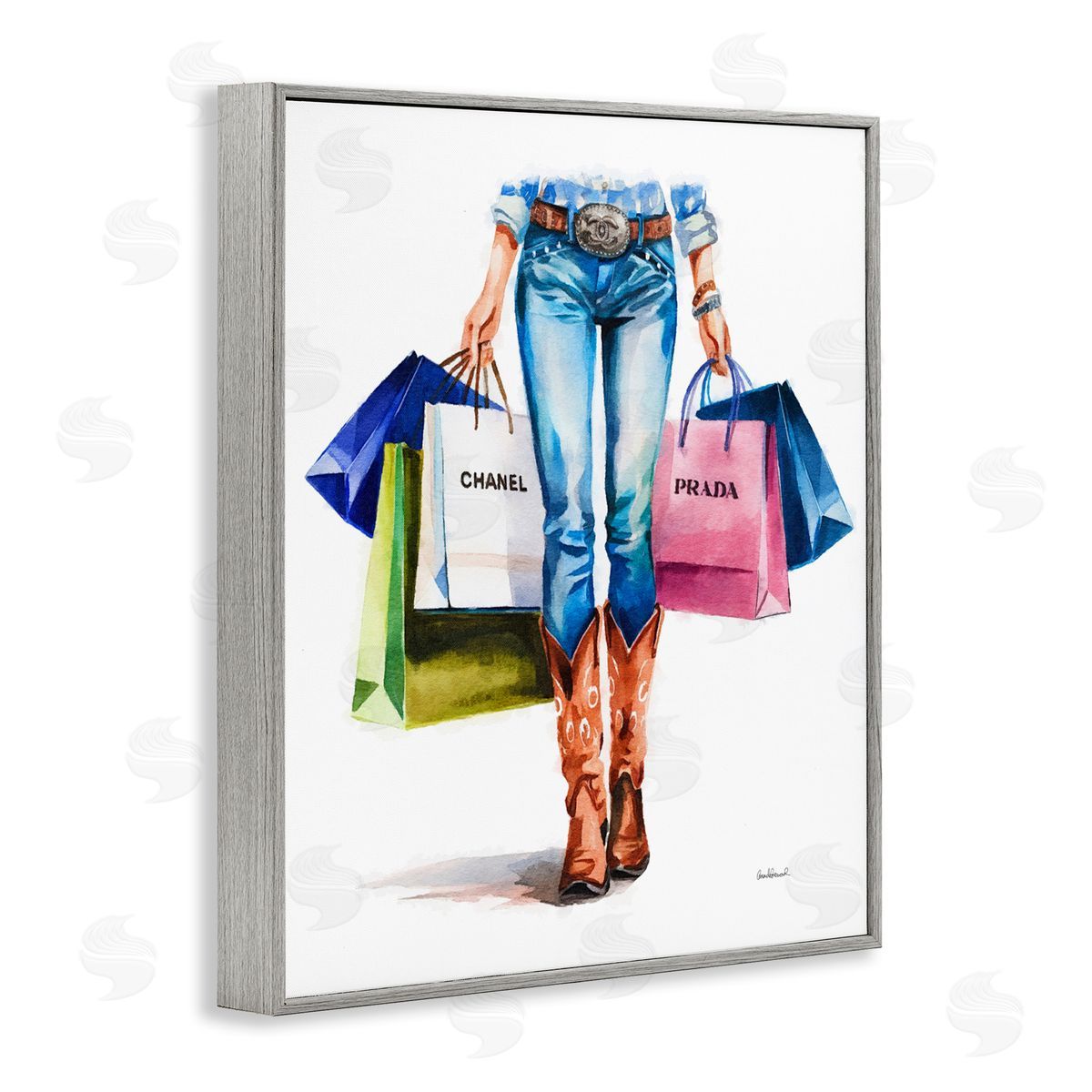Country Girl Shopping Bags Grey Frame Print Wall Art, Home Decor by Amanda Greenwood