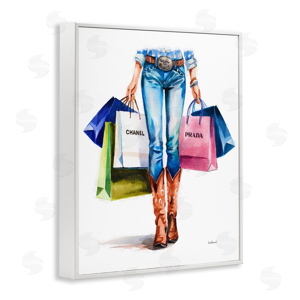 Country Girl Shopping Bags White Frame Print Wall Art, Home Decor by Amanda Greenwood