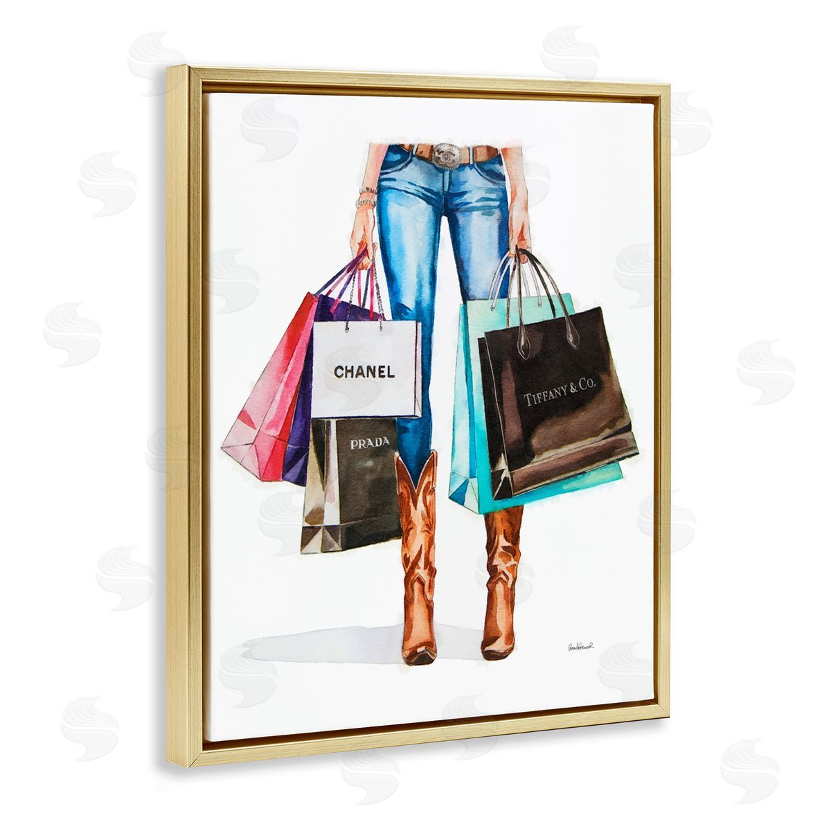 Shopping Bags Cowgirl Gold Floating Frame Canvas Wall Art, Home Decor by Amanda Greenwood