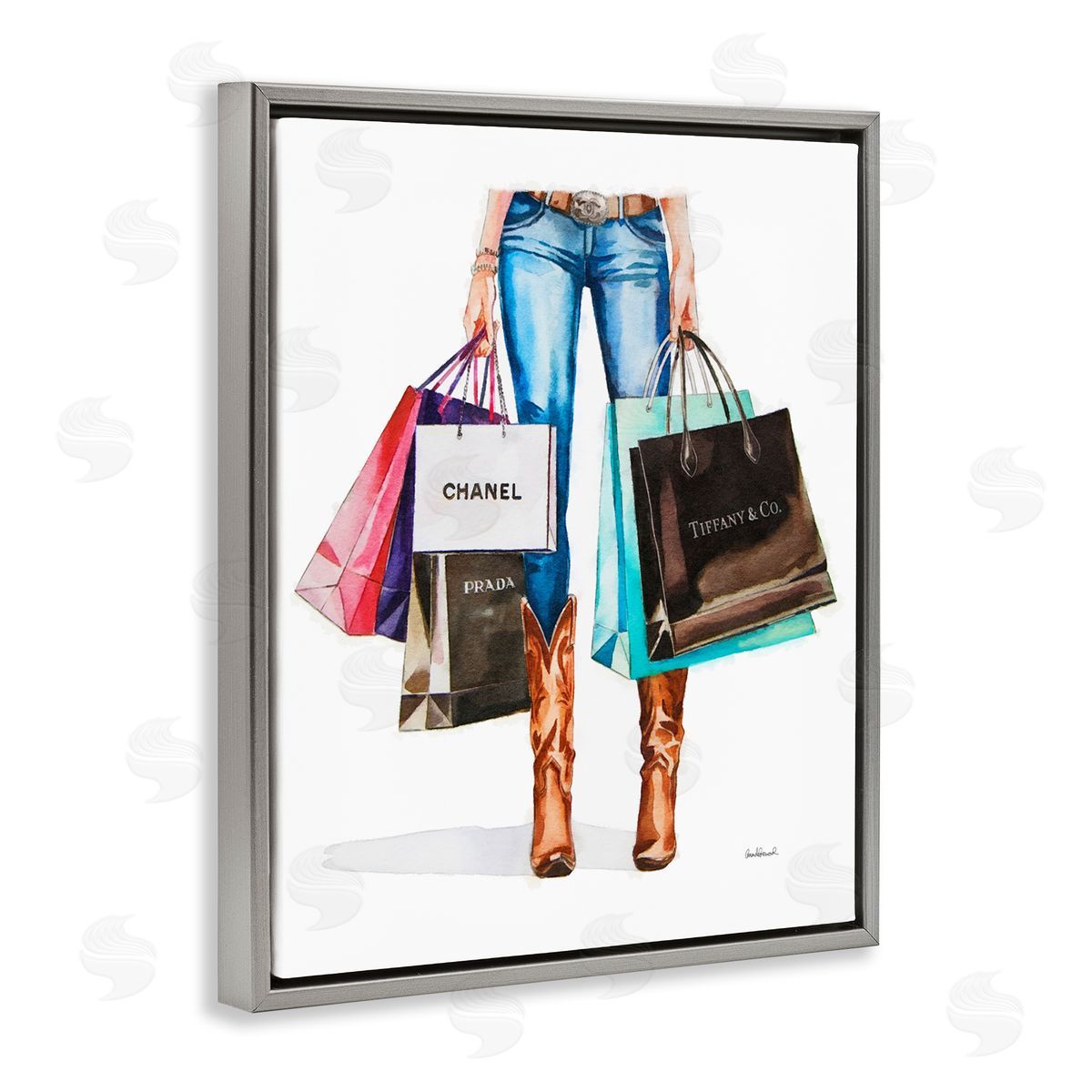 Shopping Bags Cowgirl Grey Floating Frame Canvas Wall Art, Home Decor by Amanda Greenwood