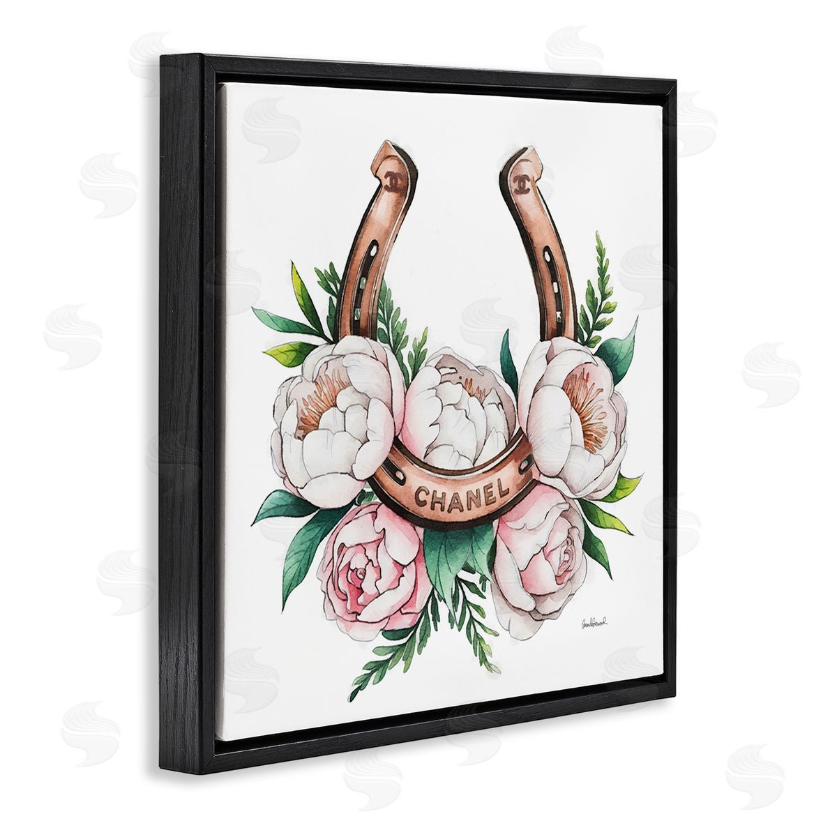 Glam Peonies & Horseshoe Black Floating Frame Canvas Wall Art, Home Decor by Amanda Greenwood