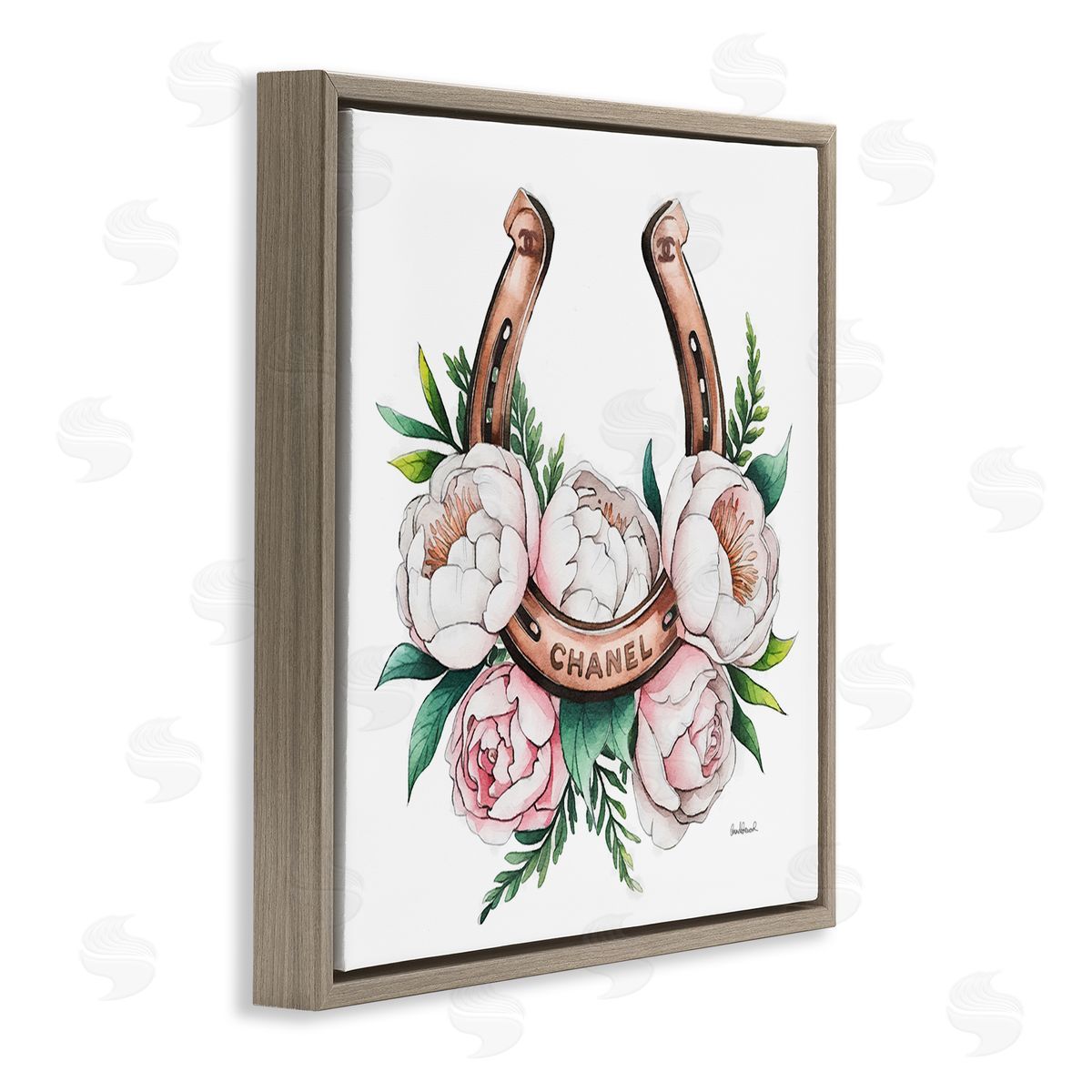 Glam Peonies & Horseshoe Brown Floating Frame Canvas Wall Art, Home Decor by Amanda Greenwood